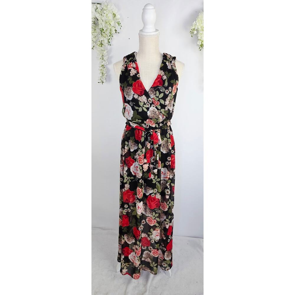 Disney Beauty Beast Maxi Dress S Black Floral Wrap Tie Cottage Romantic Feminine - Picture 3 of 16